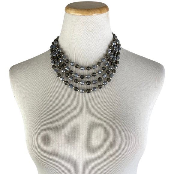 Vintage 4 Strand Necklace Silver Blue Clear Black Small Beads 1970s Short Fancy - Picture 1 of 4